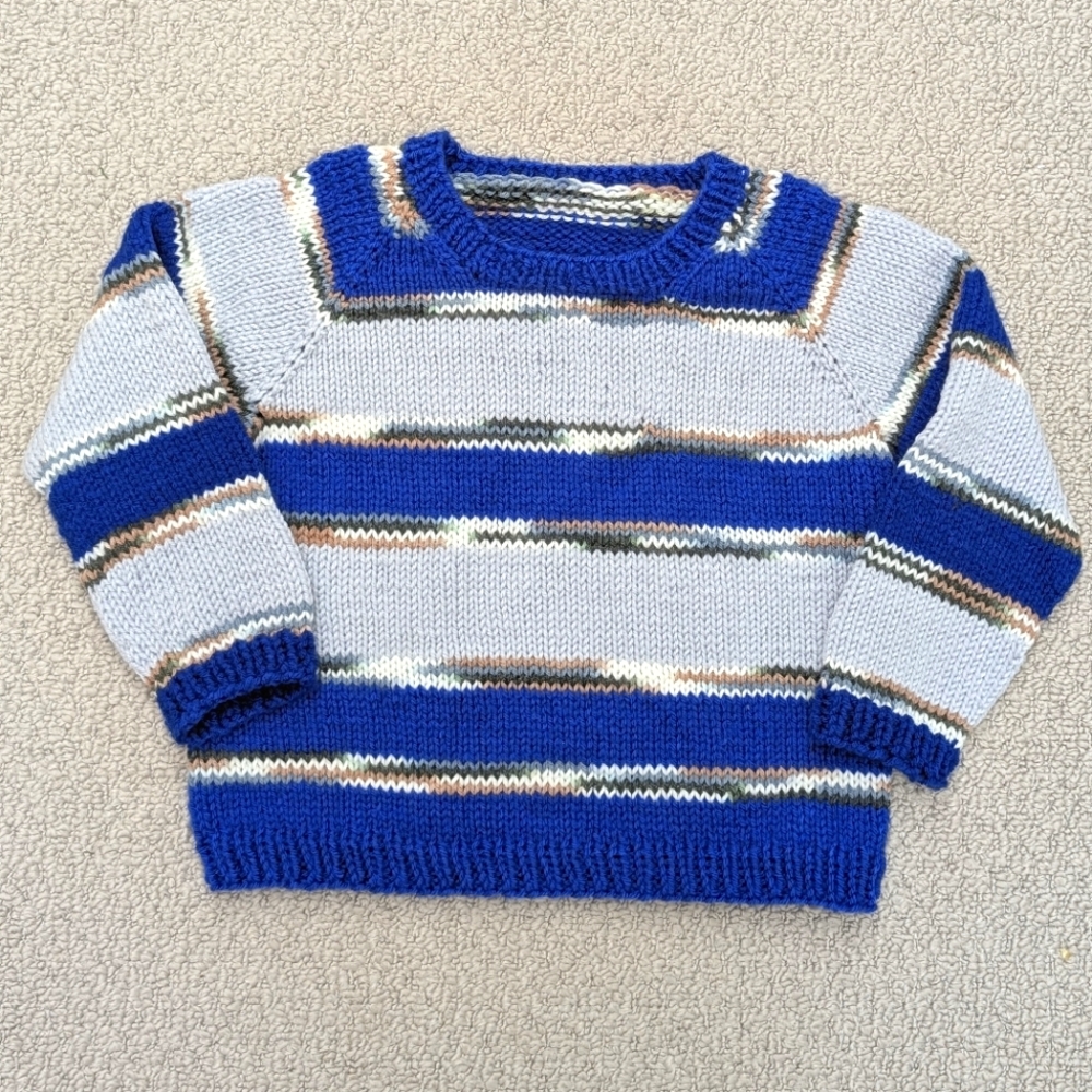 Kid's 7/8 Medium Handmade Knit Children's 2 Tone Blue Striped Knit Sweater